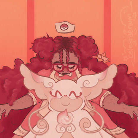 Digital illustration of Tiff, their Mega Audino (Pokémon), and Starwalker (Deltarune) peering over Tiff's shoulder.