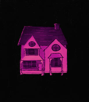 Digital illustration of a house in shades of dark pink on a black background.