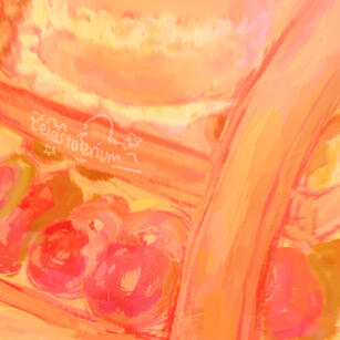 Digital painting of an orange-yellow bakery display case. On the top shelf is a large cake, slightly blurry. On the bottom shelf are eclairs and donuts.