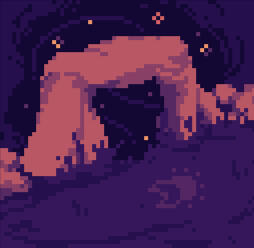 Pixel illustration of a pink rock structure in a purple, grassy field. There is a line of rocks, the rock structure stands in the middle of them, set up like a doorway. Two large rocks on each side hold up one larger rock. Through this doorway there is a d