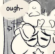 Cropped grayscale image of Comet, hand on his forehead. He groans, "Ough."