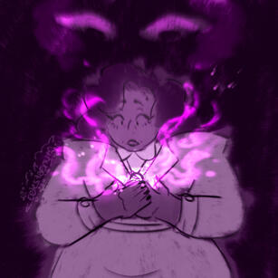 Digital illustration of Tiff’s character, Eve, holding a cracked, glowing necklace. Eve looks down in shock as magic swirls out from the necklace and all around her. In the background, a pair of eyes look down on her.