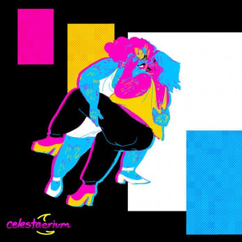 Drawing of Tiff's OCs, Heidi and Liv. Heidi dips Liv as they dance. Heidi is wearing a white dress with white heels; Liv is wearing a yellow tank blouse and black pants with yellow platforms.