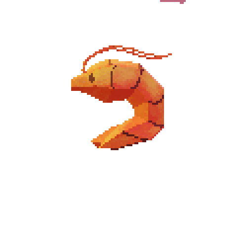 GIF of a low-poly 3D shrimp floating and rotating upon a transparent background. Behind the main shrimp, smaller shrimp fall.