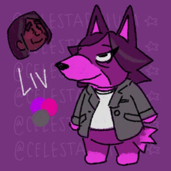 A drawing of Tiff's character, Liv, from their story, Wine & Spirits, as an Animal Crossing villager. Liv is depicted as a purple/pink wolf wearing a career jacket (gray variant). In the top-left corner is a doodle of Liv's face.