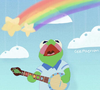 Digital illustration of Baby Kermit (from Muppet Babies) playing the banjo. The background is a blue curtain with cloud backdrops in front of it. Above Baby Kermit is a rainbow backdrop; on the left side of this backdrop are two stars.