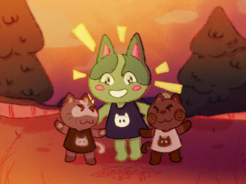 Animal Crossing style digital illustration of the Café Dot cats, Matcha (middle), standing with Latte (left) and Mocha (right) in a grassy field. All three are smiling, Mocha and Latte are looking up towards Matcha.