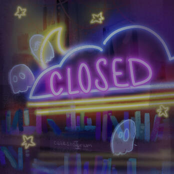 Digital illustration, a close-up of a store window. In the window there is a neon sign that says "closed" in purple-pink letters. Slightly transparent ghosts float around the window.