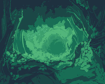 A pixel illustration of an overgrown forest in various shades of green. The trees surround a mossy forest floor that leads down to a tunnel made from the trees’ winding branches.