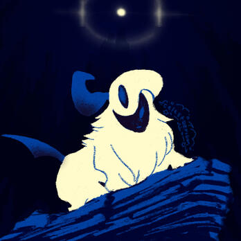 Digital illustration of Absol, an off-white, feline-like Pokémon with blue features, most notably its horn and tail, standing at the edge of a rocky cliff. In the distance are dark blue rocky mountains, slightly illuminated by a bright full moon.