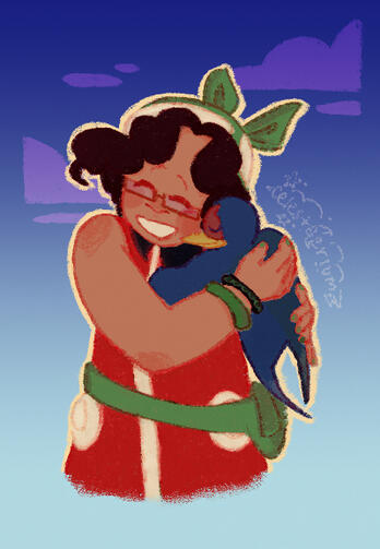 Digital illustration of a younger Tiff, hugging their first Taillow (Pokémon).