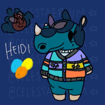 A drawing of Tiff's character, Heidi, from their story, Wine & Spirits, as an Animal Crossing villager. Heidi is depicted as a teal/blue rhino wearing a flashy cardigan (blue variant). In the top-left corner is a doodle of Heidi's face.