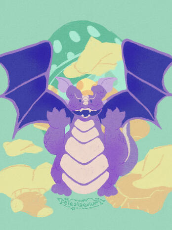 Digital illustration of Kuro's (kurogalaxy14) character, Laundry Dragon, a smallish purple dragon with off-white and dark blue features, trying to be menacing.