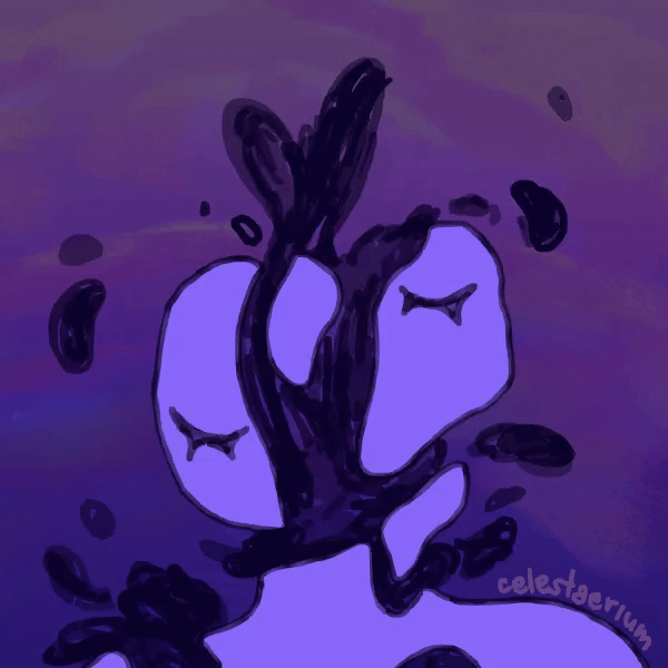 Digital illustration/GIF of a light purple body partially drifting apart. From the segments where the body is split, dark purple sketchy lines extend; the lines change slightly in shape and size.