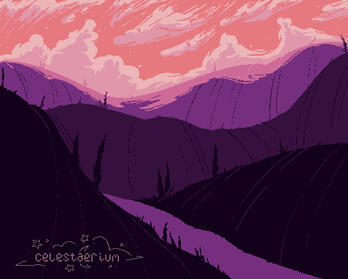 Pixel illustration of large purple fields against a pink-orange sky filled with light peach-pink clouds.