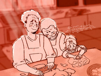 Digital illustration of two women and their daughter making heart-shaped cookies.