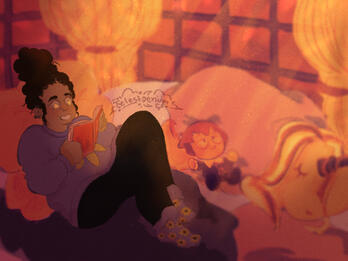 Digital illustration of Jace’s (tfw-thevoid) sona, Misonah, partially curled up in front of a bay window reading a book with a pink-orange cover, stars in their eyes as they read.